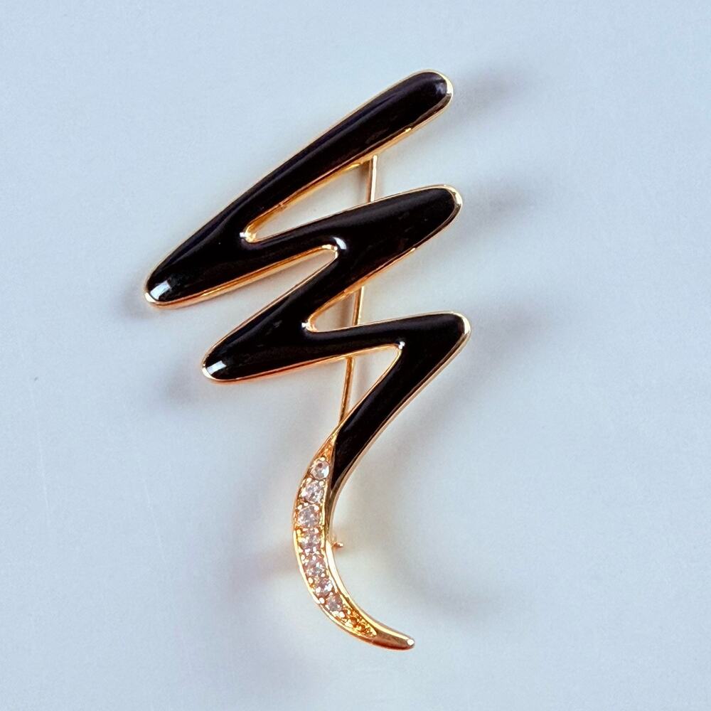 Vintage TRIFARI Brooch Pin 1980s Black Enamel Rhinestone Gold Tone Designer